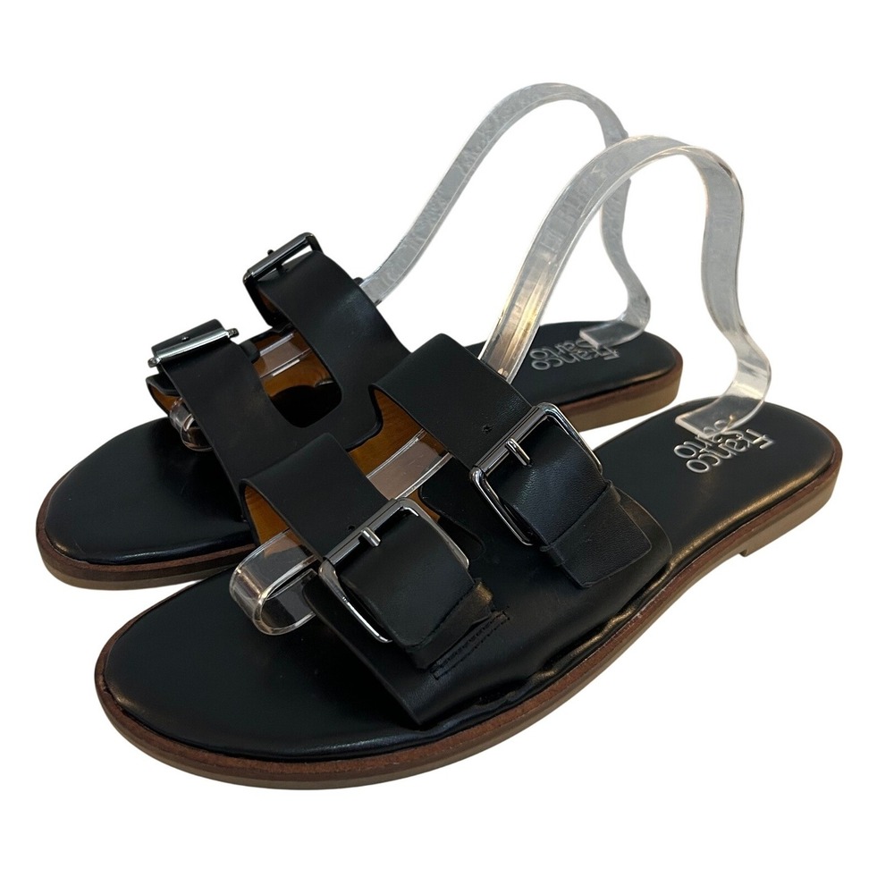 Franco Sarto Women's Black Leather Karina Double Buckle Slide Sandals Size 12M